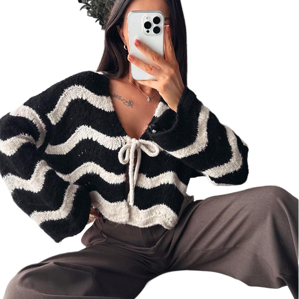 Damen Kuscheliger Kurz-Cardigan mit Zickzack-Textur, BindDruneand & Oversize-Ärmeln Drune