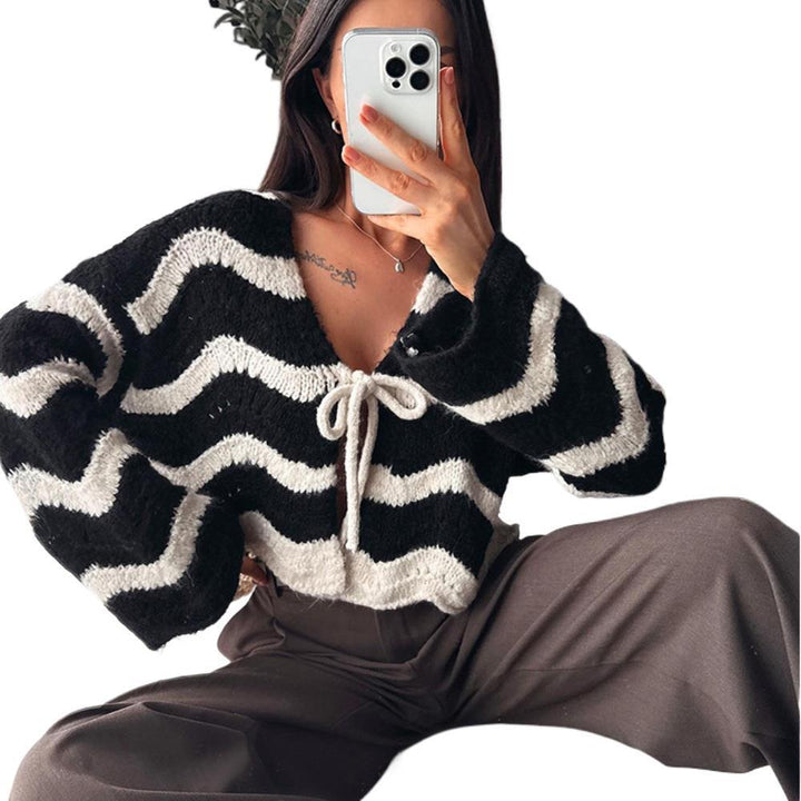 Damen Kuscheliger Kurz-Cardigan mit Zickzack-Textur, BindDruneand & Oversize-Ärmeln Drune