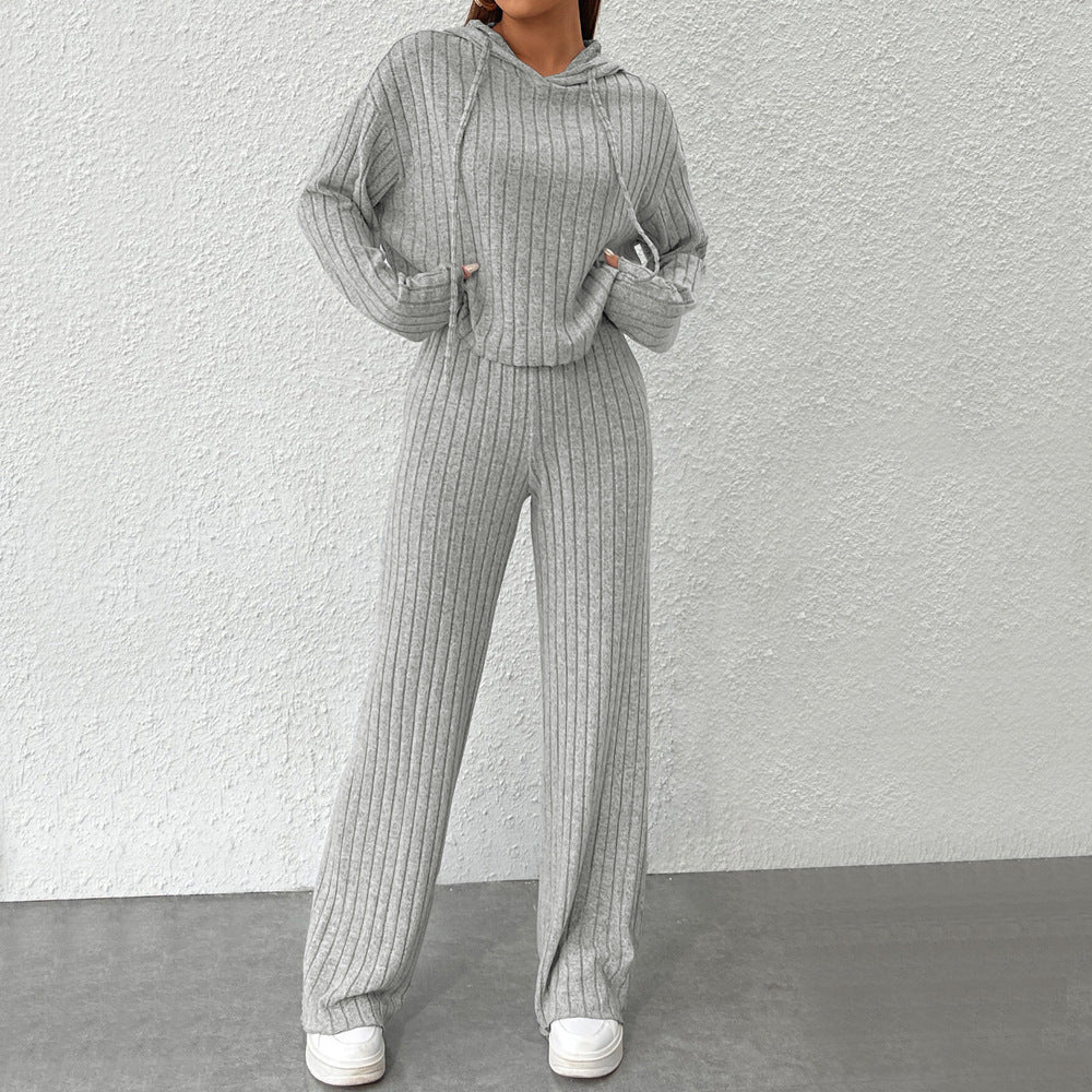 Damen geripptes Lounge-Set mit Kapuzenpullover und weiter Highwaist-Hose Drune