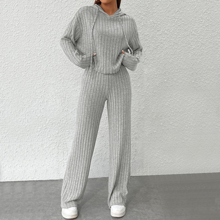 Damen geripptes Lounge-Set mit Kapuzenpullover und weiter Highwaist-Hose Drune