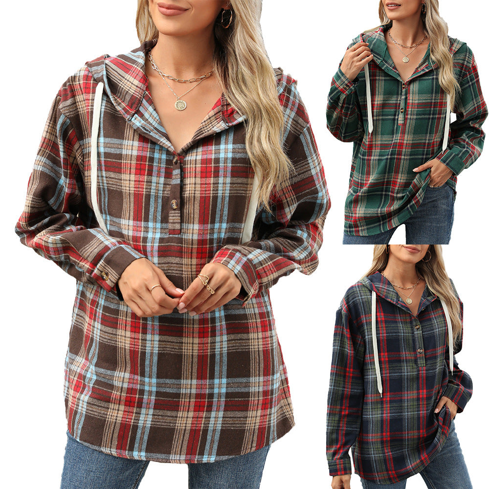 Damen Karierte Overshirtjacke mit Kapuze und Knopfdetails Drune