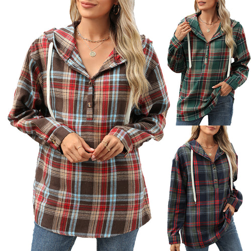 Damen Karierte Overshirtjacke mit Kapuze und Knopfdetails Drune