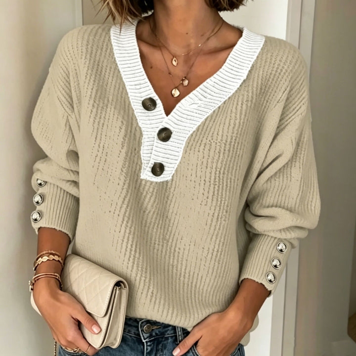 Damen Feinstrickpullover mit tiefem V-Ausschnitt, kontrastierter Knopfleiste und Zierknopf-Ärmeln Drune