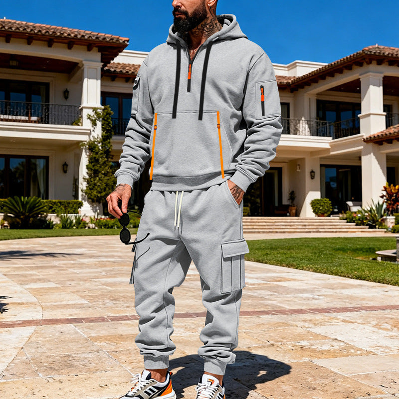 Herren nan urbanes Hoodie-Cargo-Set mit versteckten Reißverschlüssen, Mehrfach-Taschen und elastischem Saum Drune