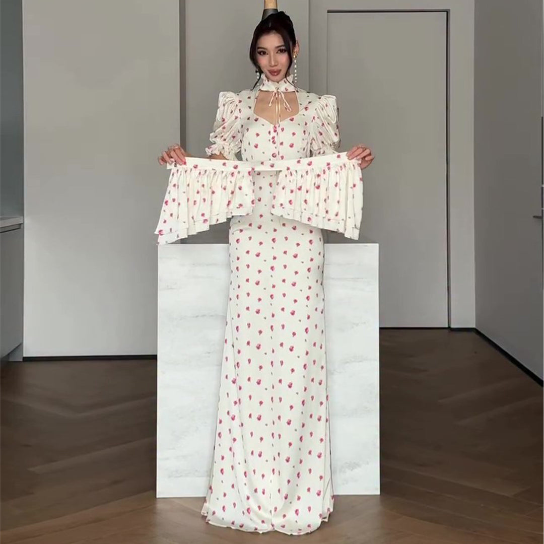 Damen Maxikleid mit romantischem Puffärmel-Design und verspieltem Rüschensaum Drune
