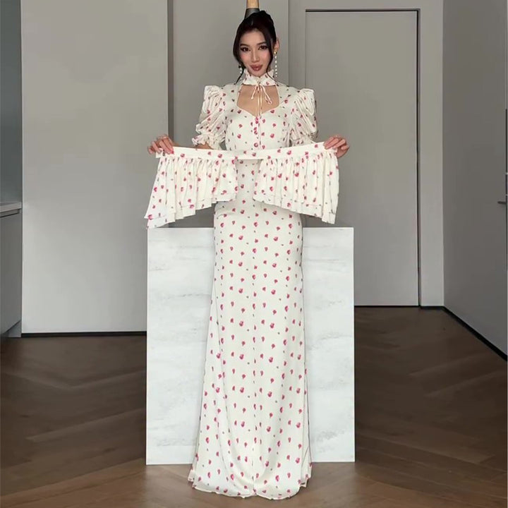 Damen Maxikleid mit romantischem Puffärmel-Design und verspieltem Rüschensaum Drune