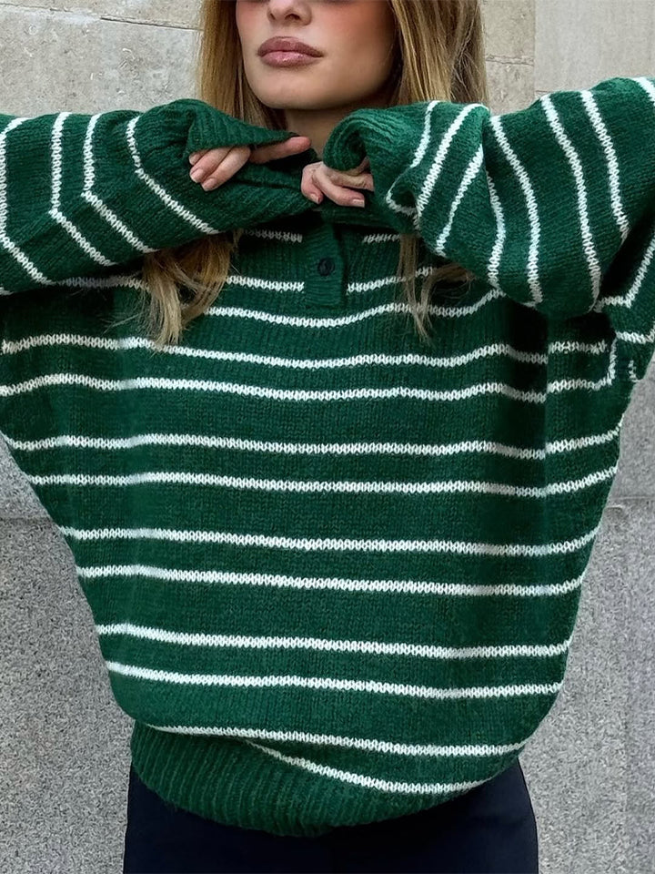 Damen Oversize Strickpullover mit Polokragen & Streifenmuster Drune