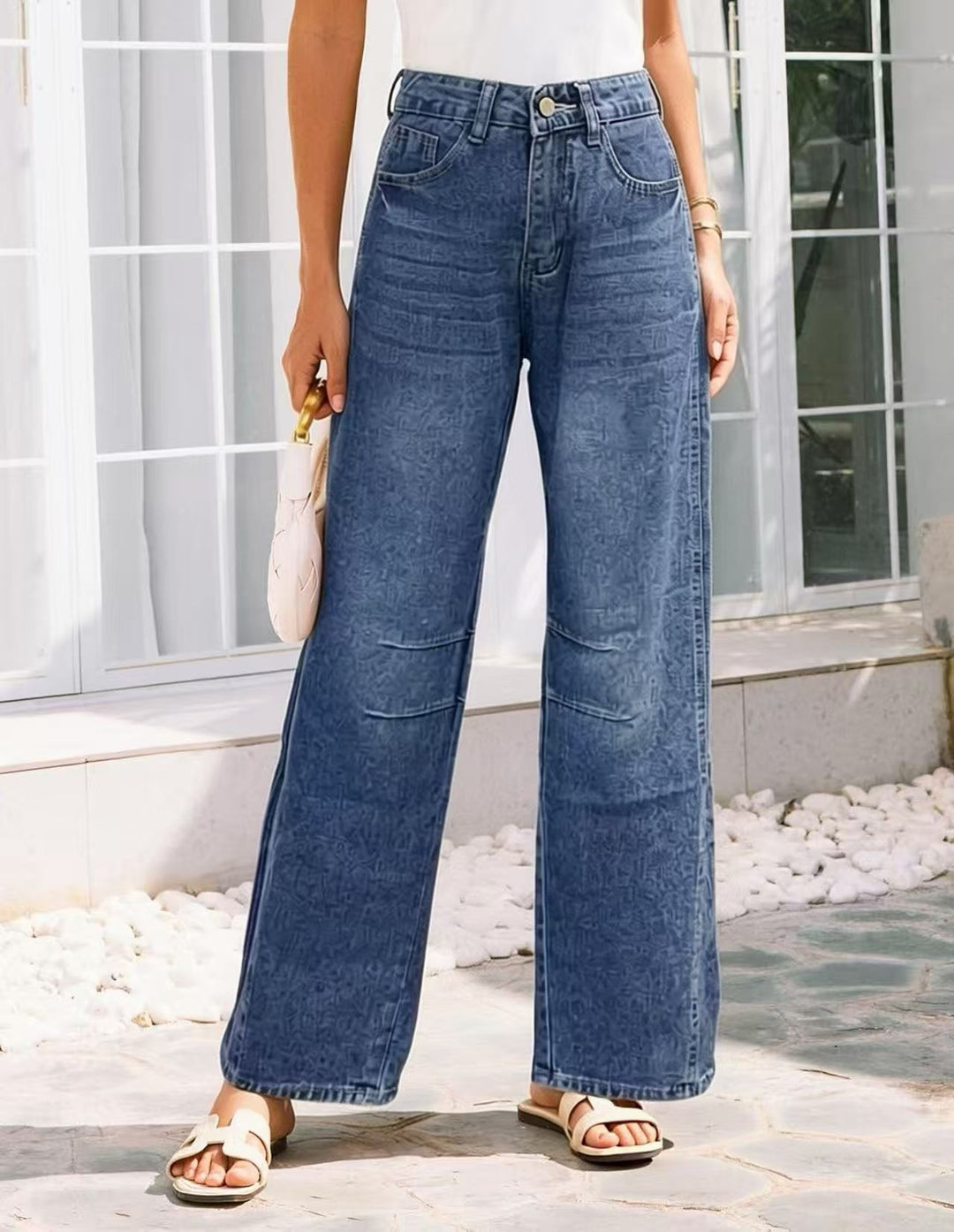Damen nan High-Waist weite Denim-Hose mit ausgestelltem Bein und tonalen Knie-Abnähern Drune