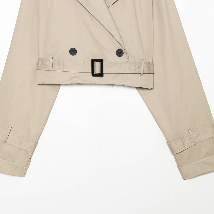 Damen Kurzblouson-Trench mit doppelreihiger Knopfleiste, Schulterpatten und Taillengürtel Drune