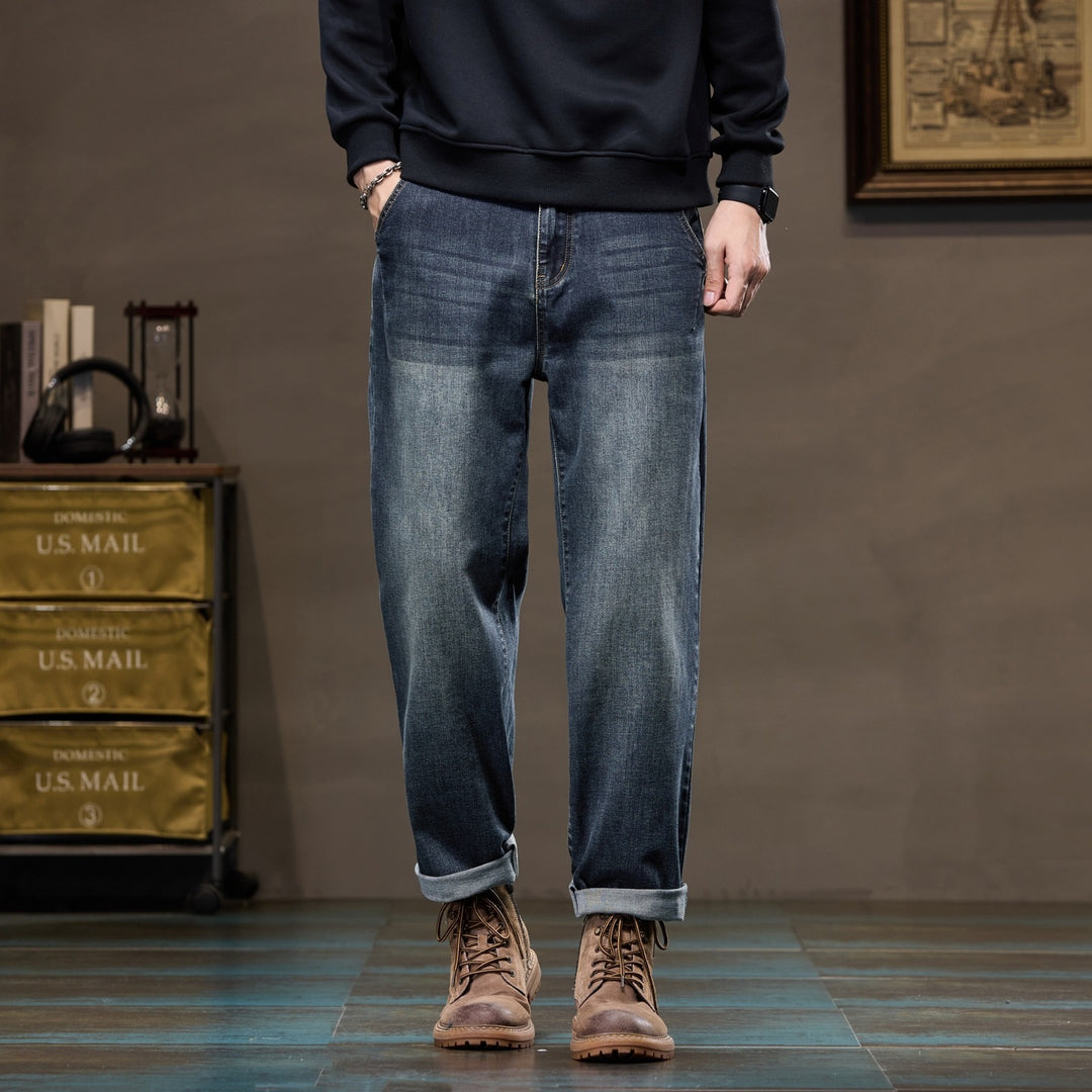 Herren Weite gerade geschnittene Denim-Jeans mit Used‑Wash und Umschlagbund Drune