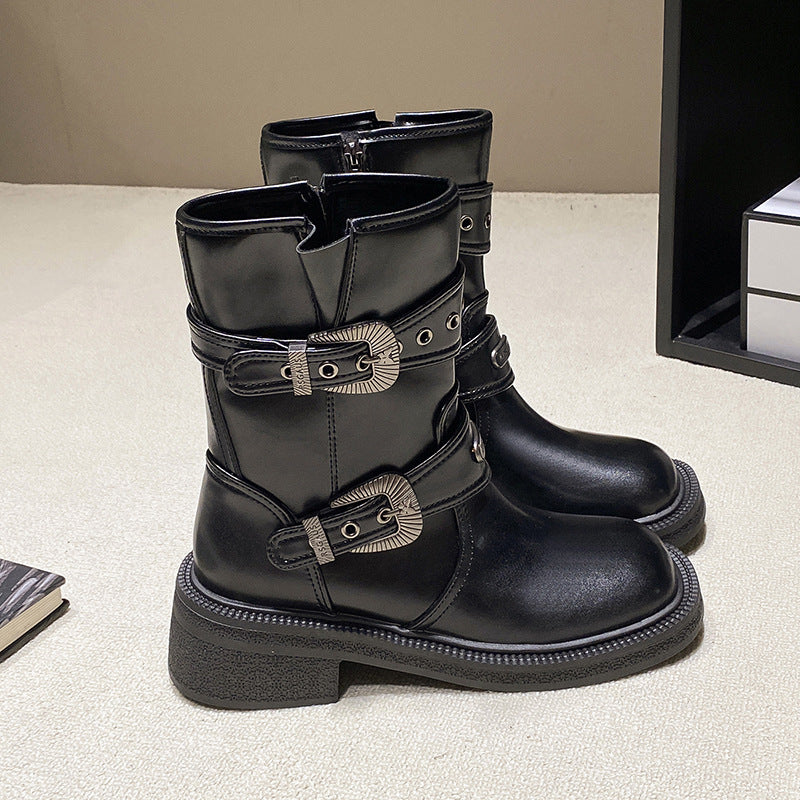 Damen modische Stiefel mit dekorativen Schnallen und robustem Profil Drune