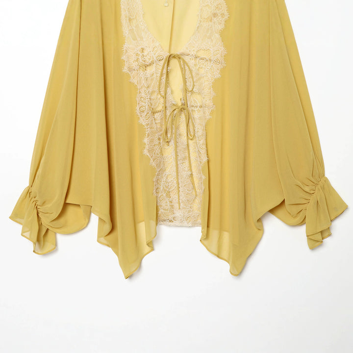 Damen nan transparente Chiffon-Kimono-Bluse mit feiner Spitzenkante, Kordelbindung und gerafften Ärmeln Drune