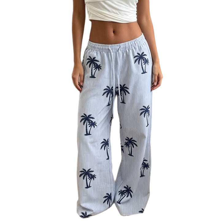 Damen Leichte Palmen-Print Palazzo-Hose mit elastischem Bund Drune