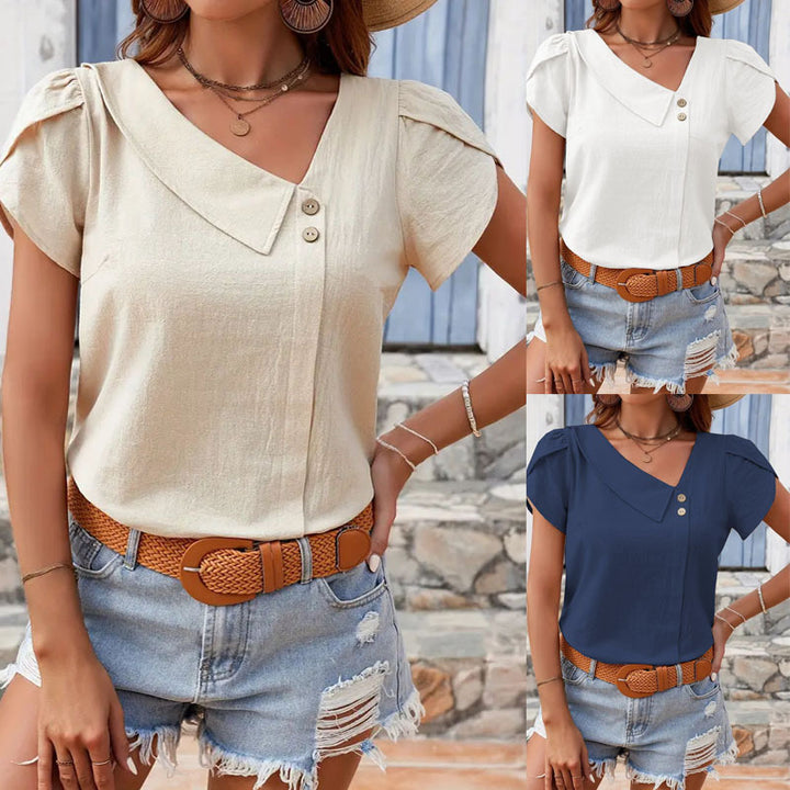 Damen Bluse mit asymmetrischem Kragen und Knopfdetails Drune