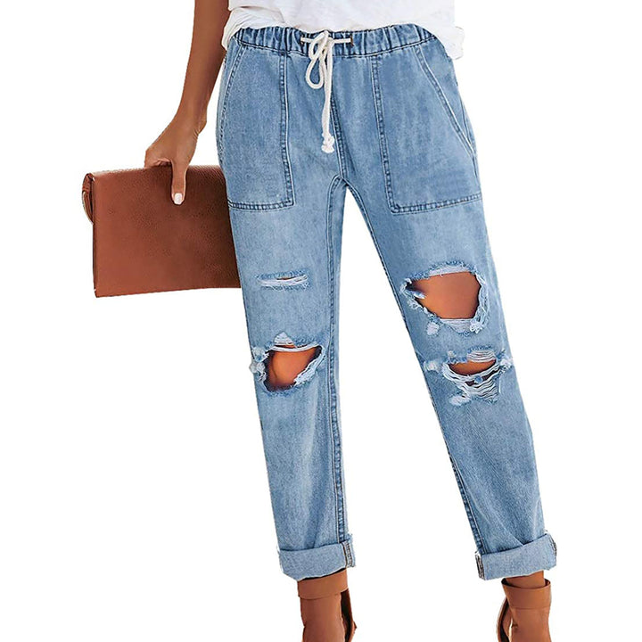 Damen nan lässige Destroyed-Denim-Jogger mit elastischem Kordelbund und aufgesetzten Fronttaschen Drune
