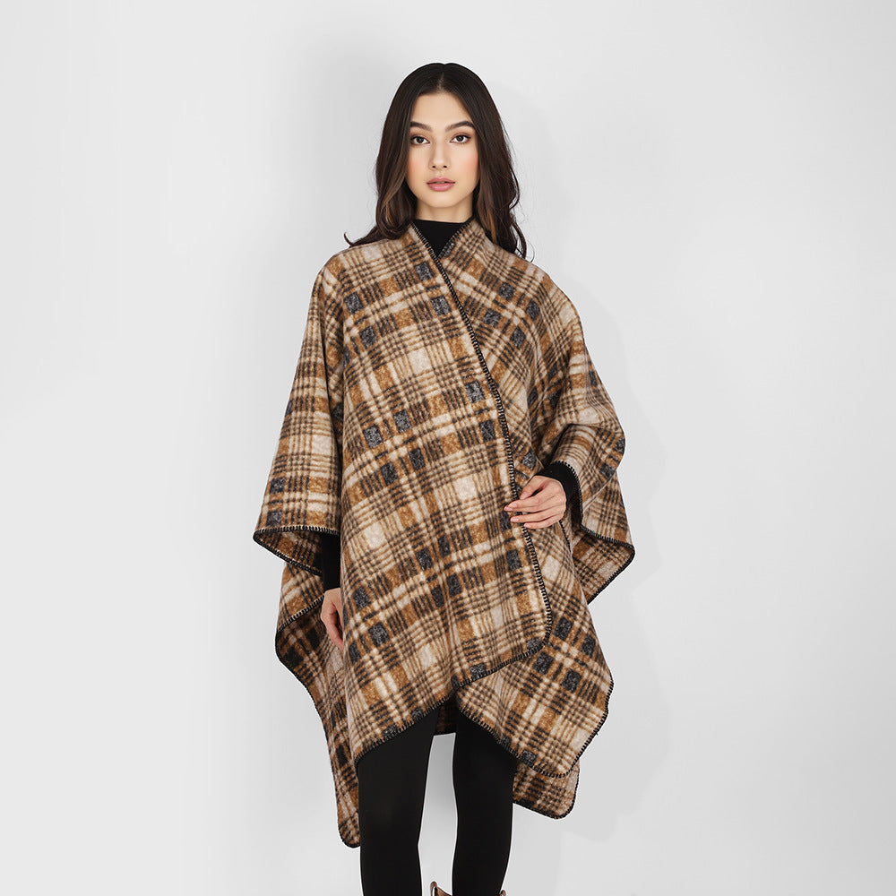 Damen Oversize-Karo-Cape aus weichem Wollmix mit kontrastierter Kettelnaht Drune