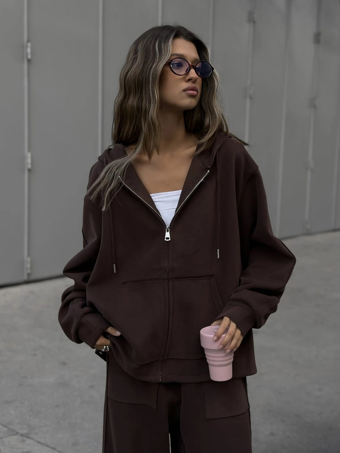 Damen oversized Kapuzenjacke mit Reißverschluss und lässiger Cargo-Loungehose Drune