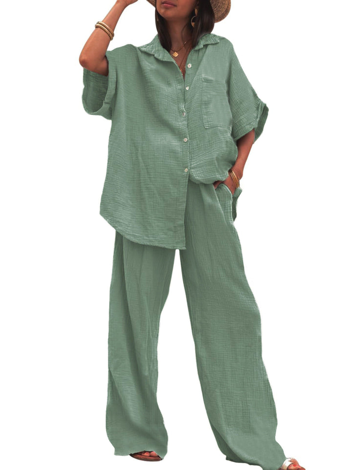 Damen Sommerliches Zweiteiler-Set mit übergroßem Hemd und weiter Hose Drune