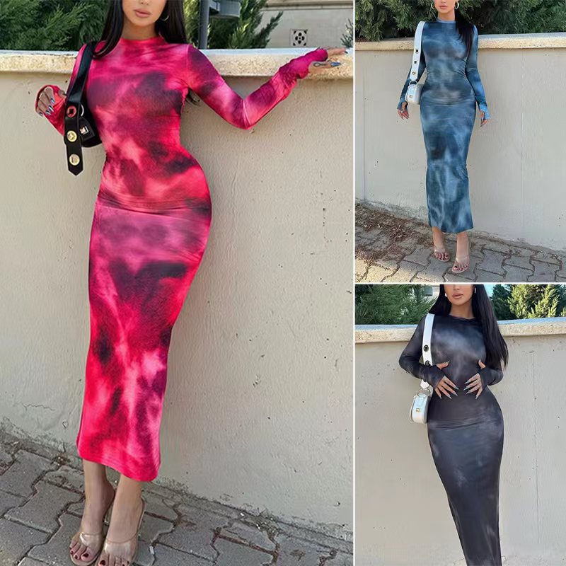 Damen Langarm Maxikleid mit modernem Batikmuster und figurschmeichelndem Schnitt Drune