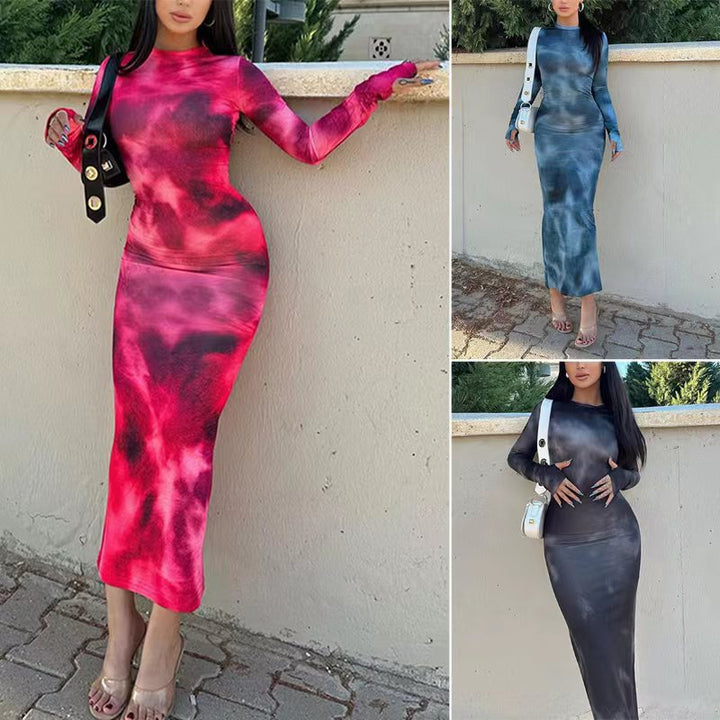 Damen Langarm Maxikleid mit modernem Batikmuster und figurschmeichelndem Schnitt Drune