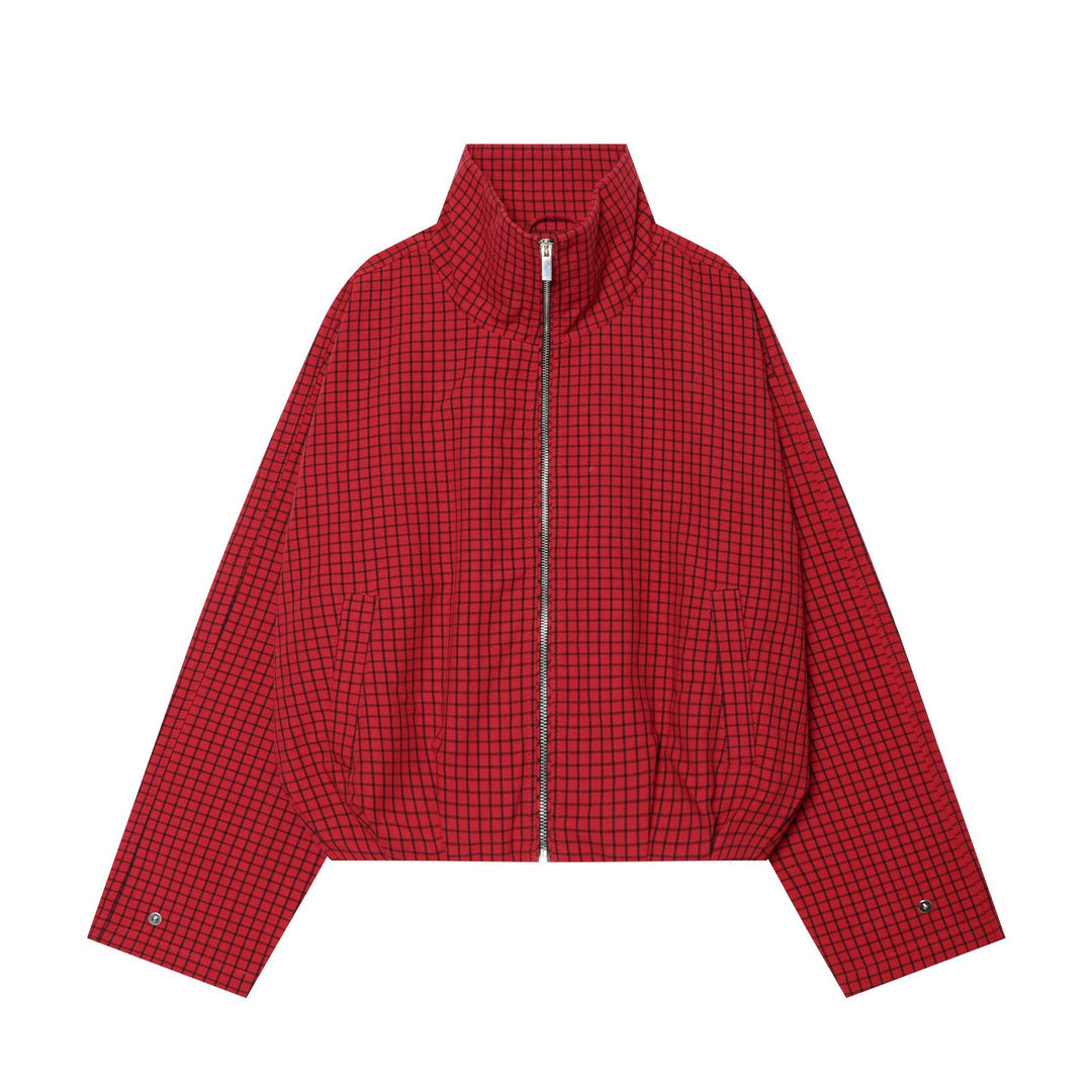 Damen Cropped-Bomberjacke mit hohem Stehkragen, Karomuster und elastischem Saum Drune