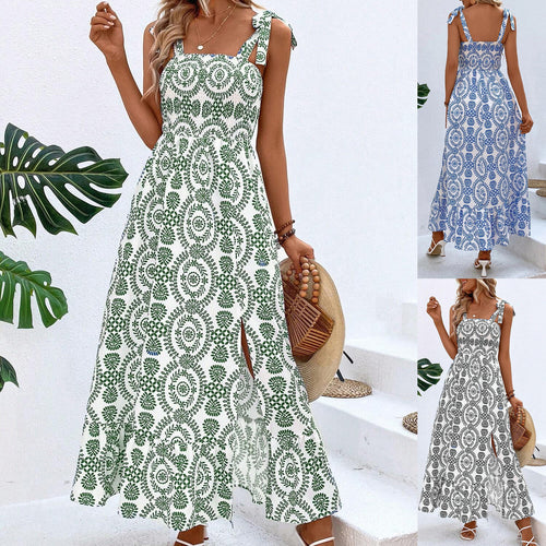 Damen Maxikleid mit Smok-Bustier, Bindeträgern und seitlichem Beinschlitz Drune