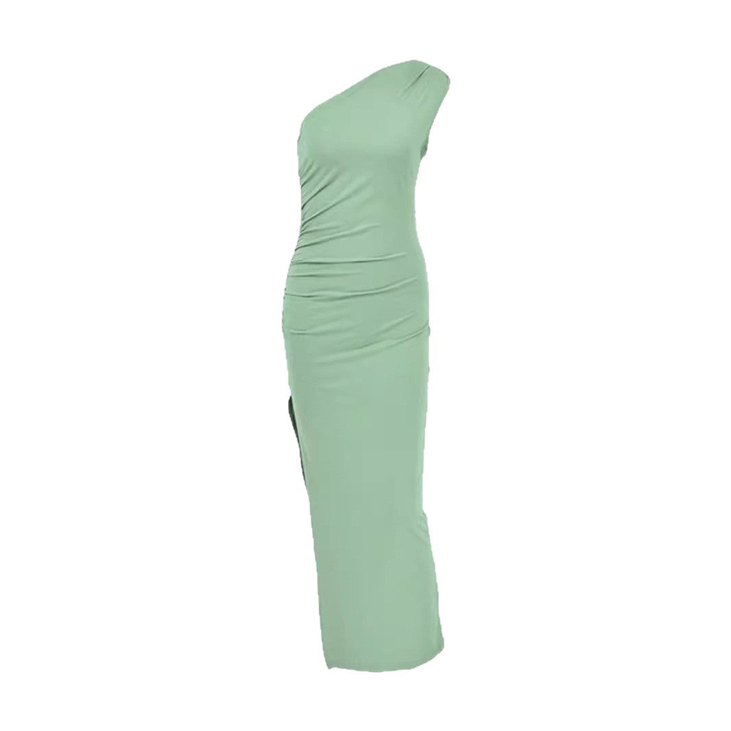 Damen elegantes langärmliges Maxikleid mit asymmetrischem Ausschnitt und Rüschendetails Drune