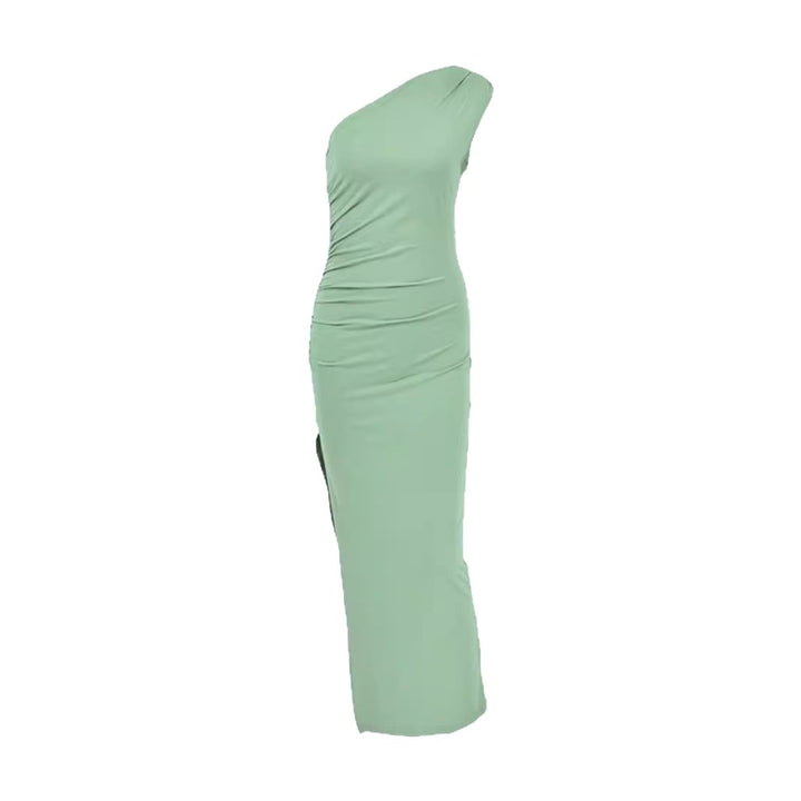 Damen elegantes langärmliges Maxikleid mit asymmetrischem Ausschnitt und Rüschendetails Drune