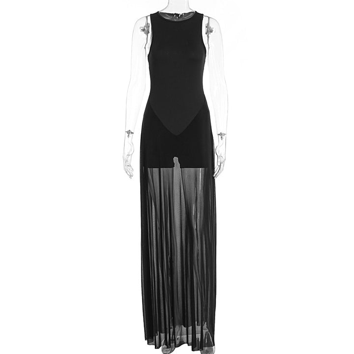 Damen Elegantes Maxi-Kleid mit transparentem Chiffon-Überwurf und figurbetontem Inneren Drune