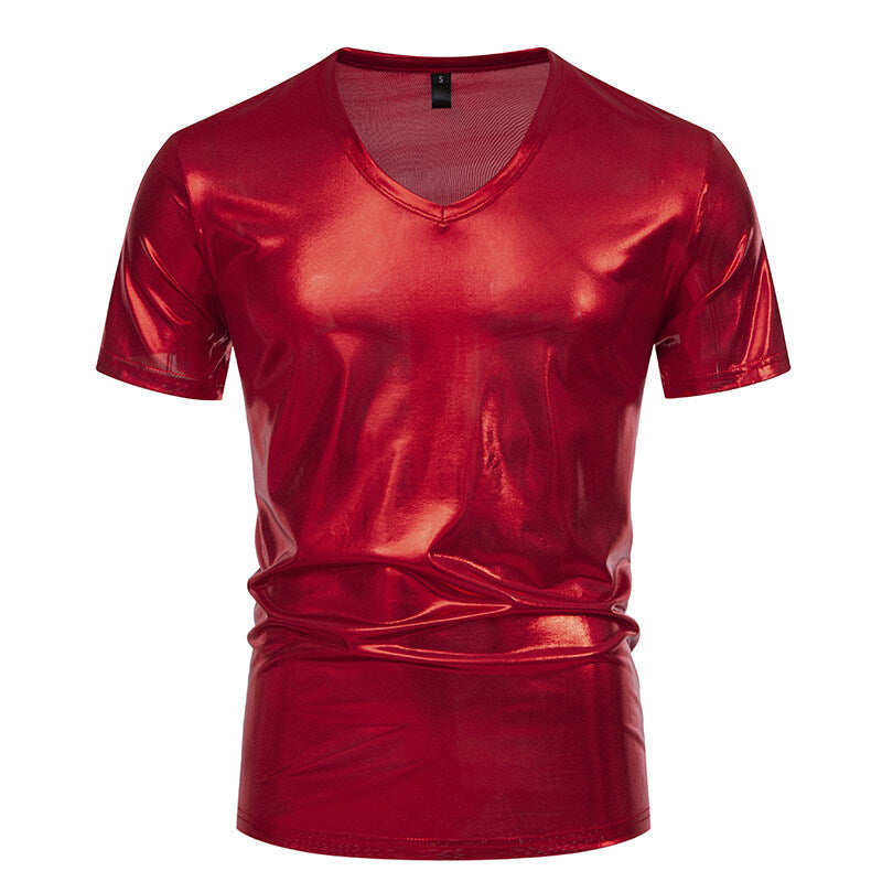 Herren V-Ausschnitt T-Shirt aus glänzendem Material mit persönlichem Stil Drune
