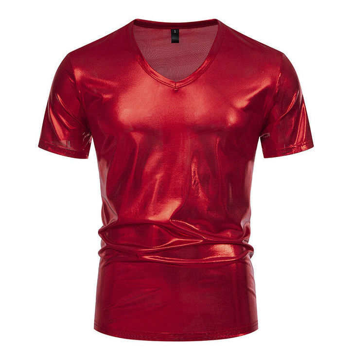 Herren V-Ausschnitt T-Shirt aus glänzendem Material mit persönlichem Stil Drune