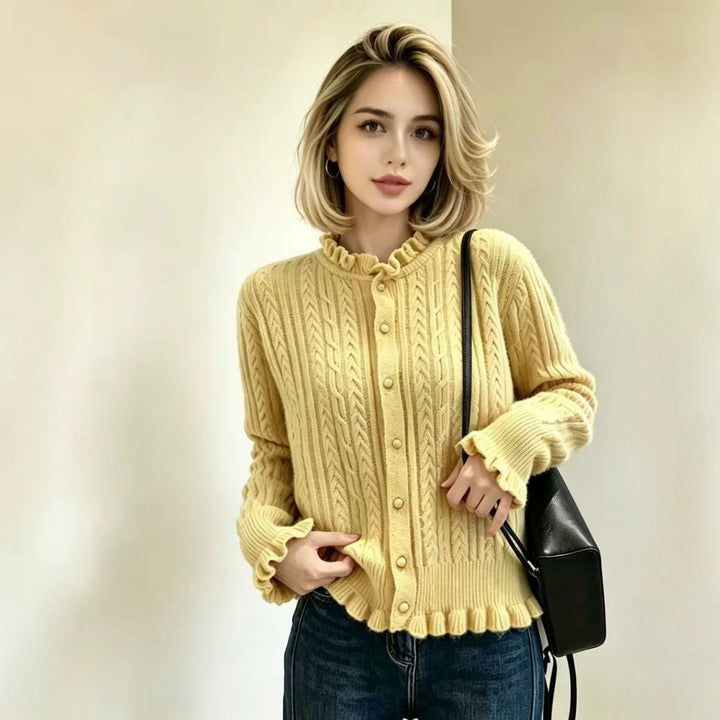 Damen Elegante Strickjacke mit Rüschendetails Drune