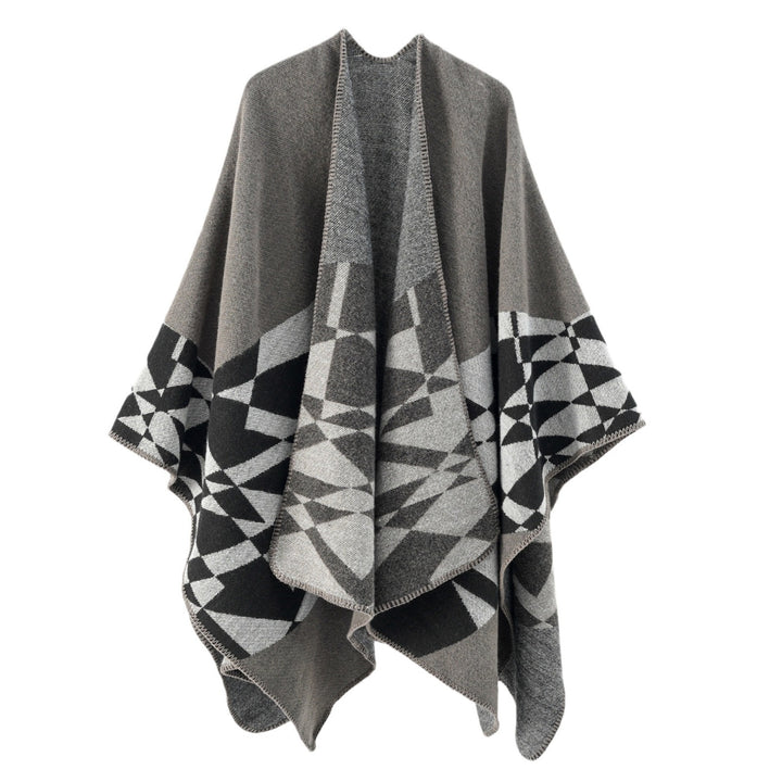 Damen Großer Strickponcho im Cape‑Schnitt mit Ziernaht und geometrischem Intarsia Drune