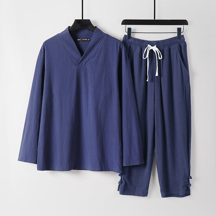 Herren Lockeres Loungewear-Set mit V-Notch-Stehkragen und Kordelzug-Hose Drune