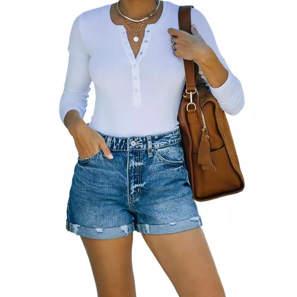 Damen Destroyed Denim-Shorts mit hohem Bund und ausgefranstem Saum Drune