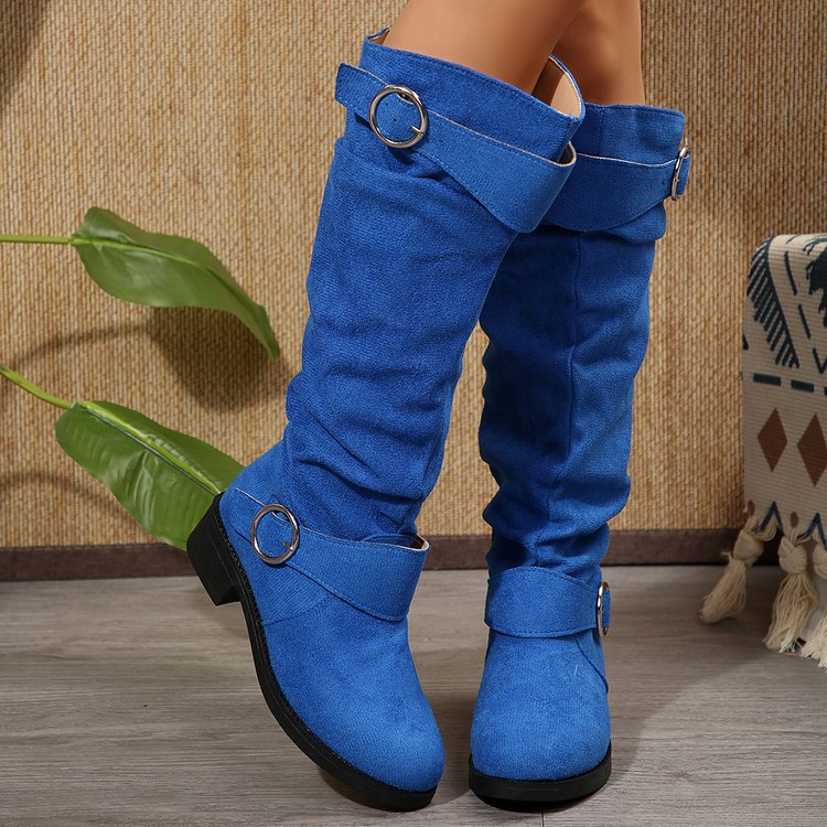 Damen Slouch-Stiefel kniehoch mit dekorativem Ringriemen und niedrigem Blockabsatz Drune