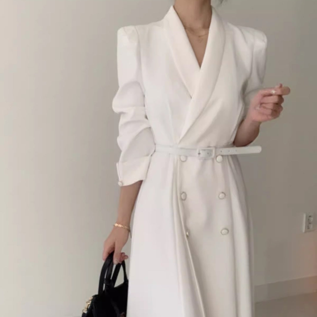 Damen Doppelreihiges Maxi‑Mantelkleid mit Taillengürtel und betonten Schultern Drune