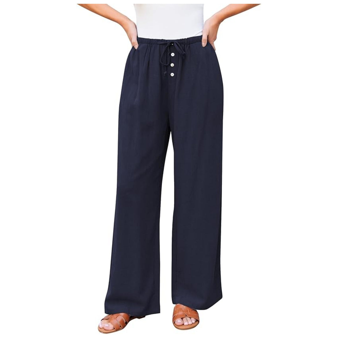 Damen Leinenoptik-Hose mit weitem Bein, Gummizug-Taille, Tunnelzug und Knopfdetail Drune