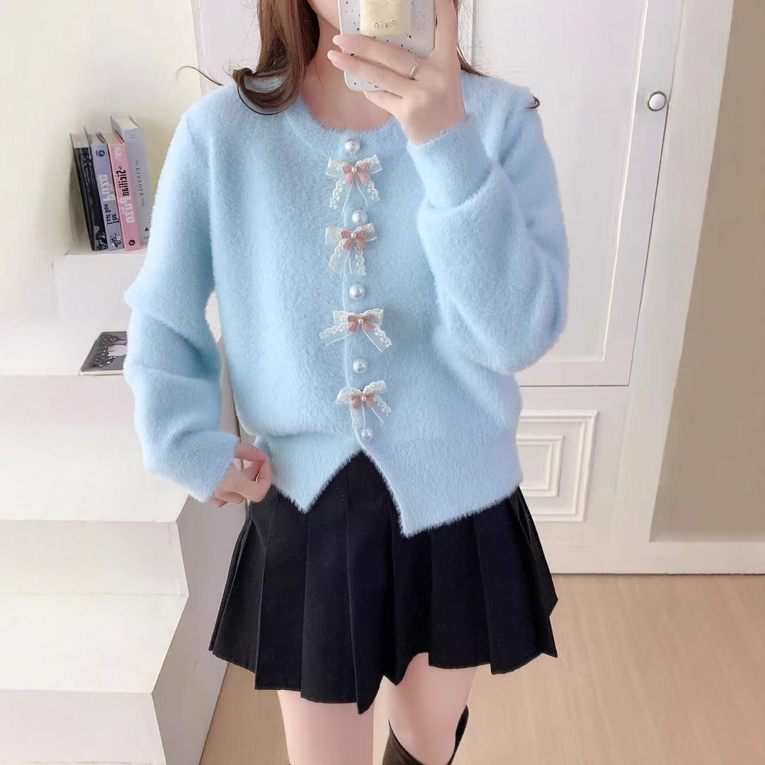 Damen Flauschige Strickjacke mit Perlen und Rüschendetails Drune