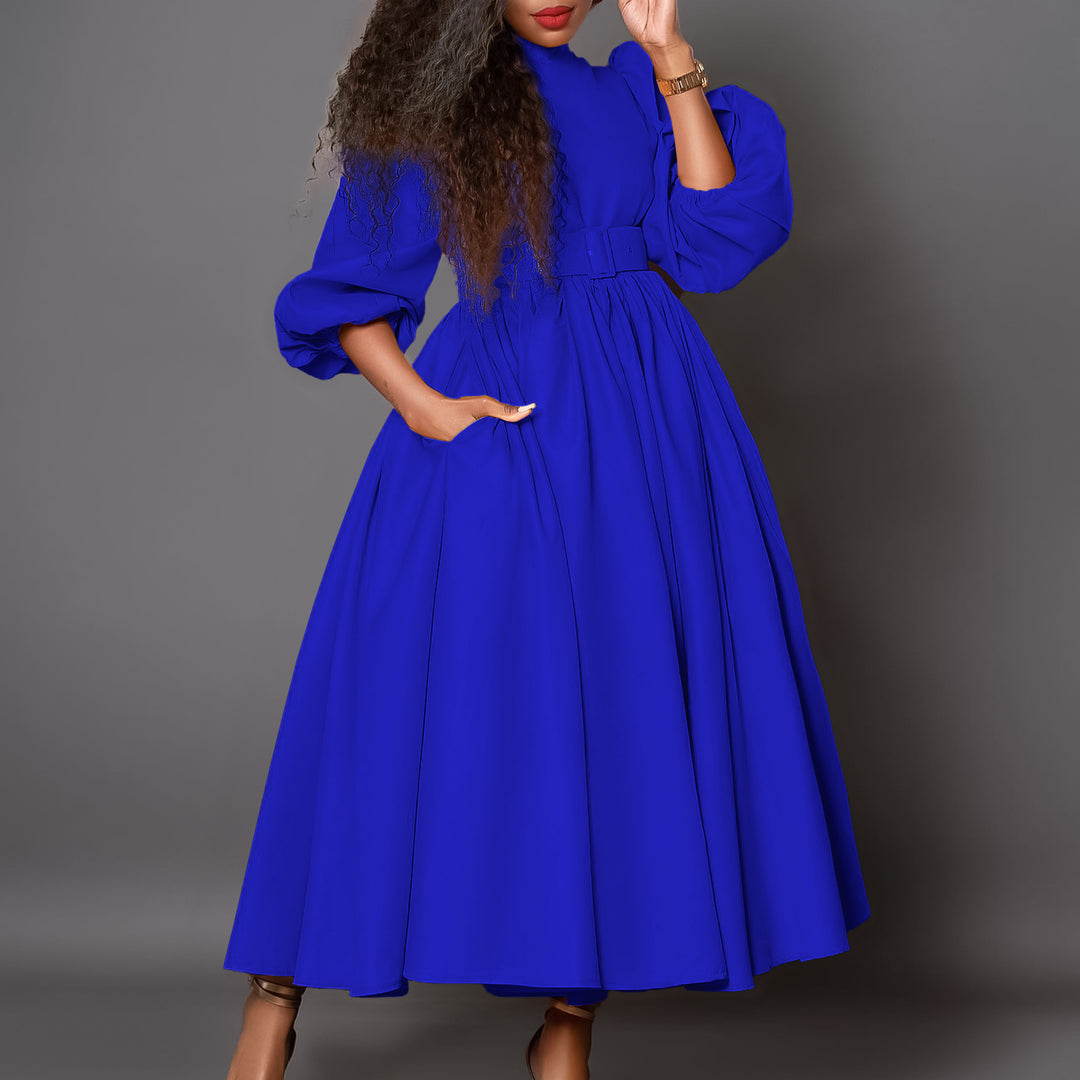 Damen Maxikleid mit hochgeschlossenem Kragen und abnehmbarem Taillengürtel Drune