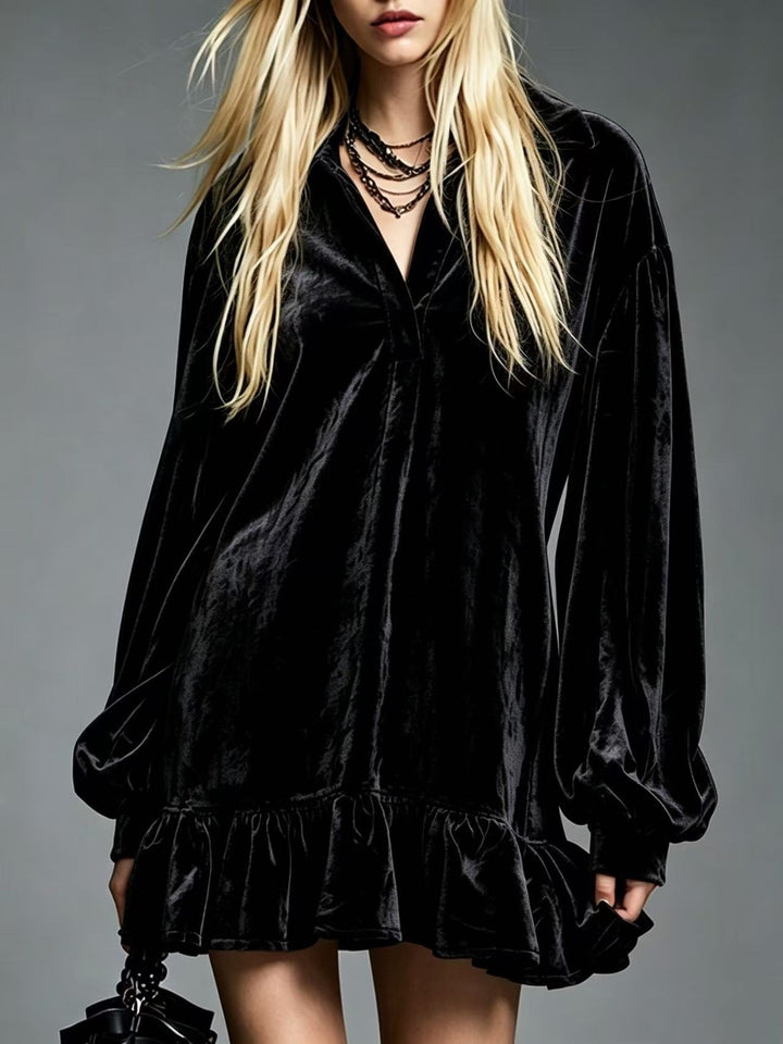 Damen Samt-Minikleid mit Volant-Saum, Ballonärmeln und Hemdkragen Drune