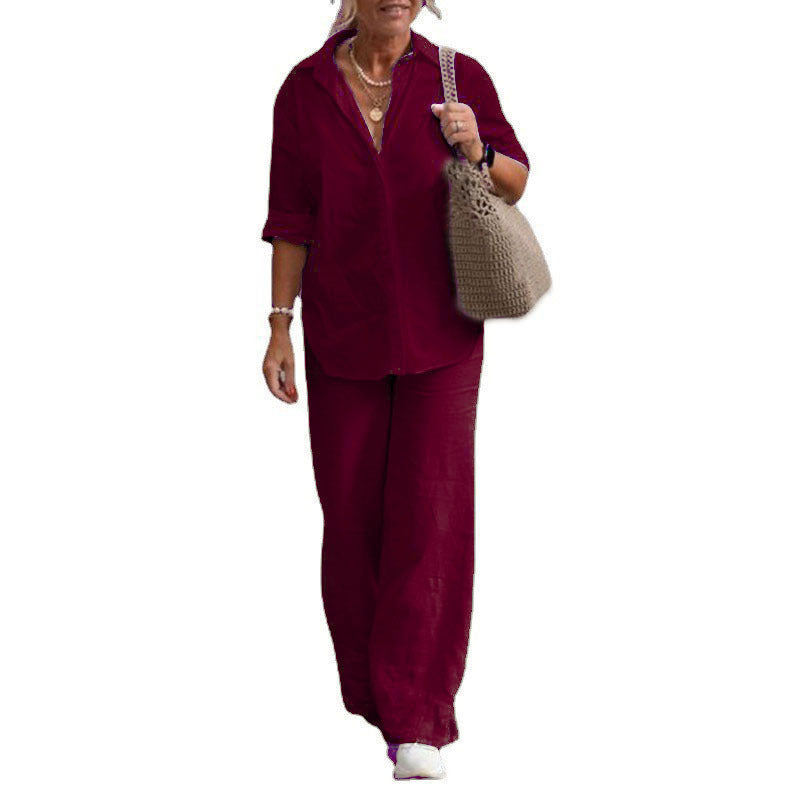 Damen Leichtes Leinen-Optik Zweiteiler mit Oversize-Hemd und weiter Palazzohose Drune