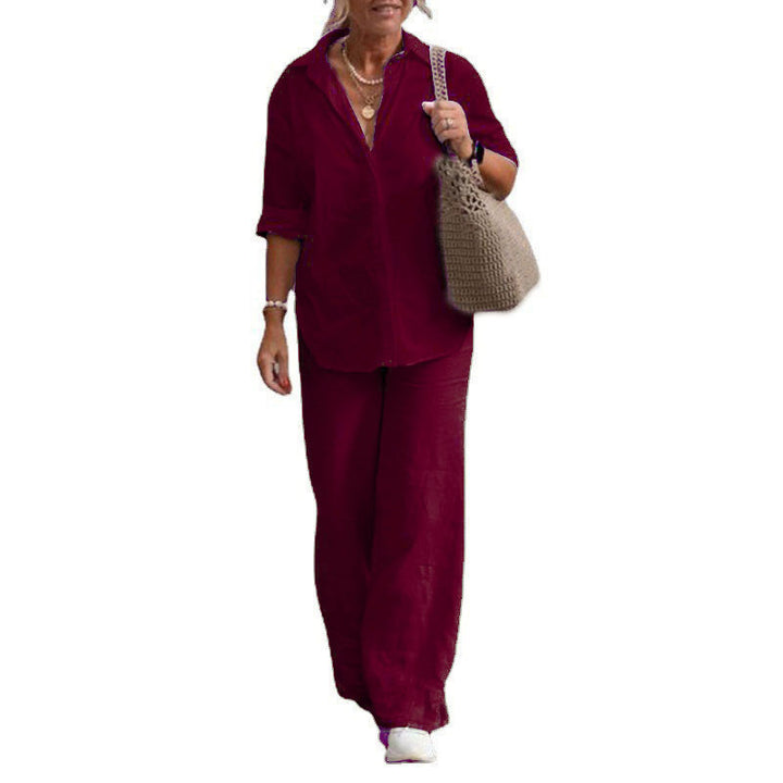 Damen Leichtes Leinen-Optik Zweiteiler mit Oversize-Hemd und weiter Palazzohose Drune