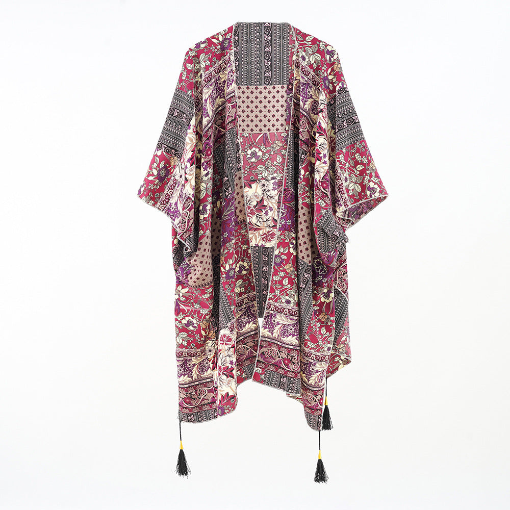 Damen Kaftan-Überwurf mit Patchwork-Blumenprint und Quasten Drune