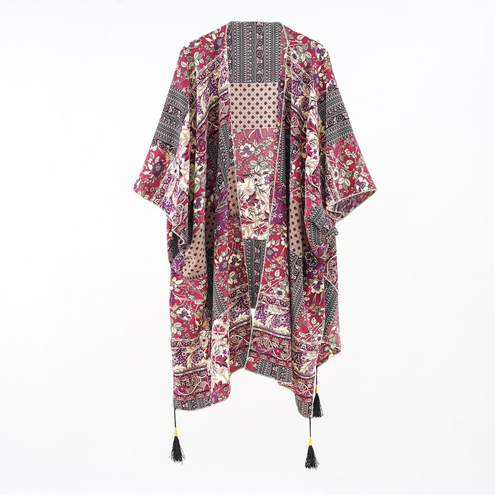Damen Kaftan-Überwurf mit Patchwork-Blumenprint und Quasten Drune