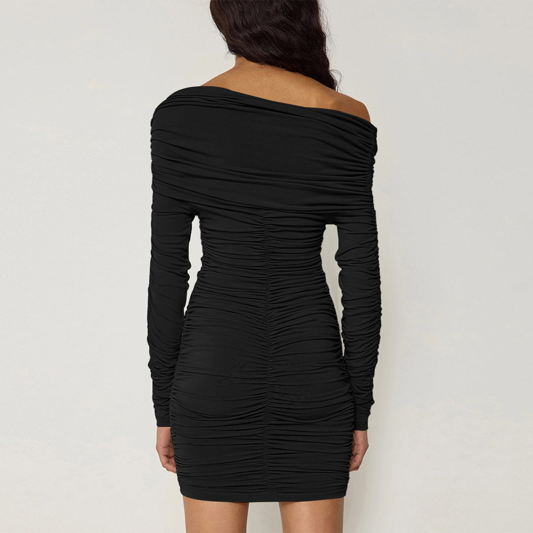 Damen Figurbetontes Off-Shoulder Kleid mit Raffung und langen Ärmeln Drune