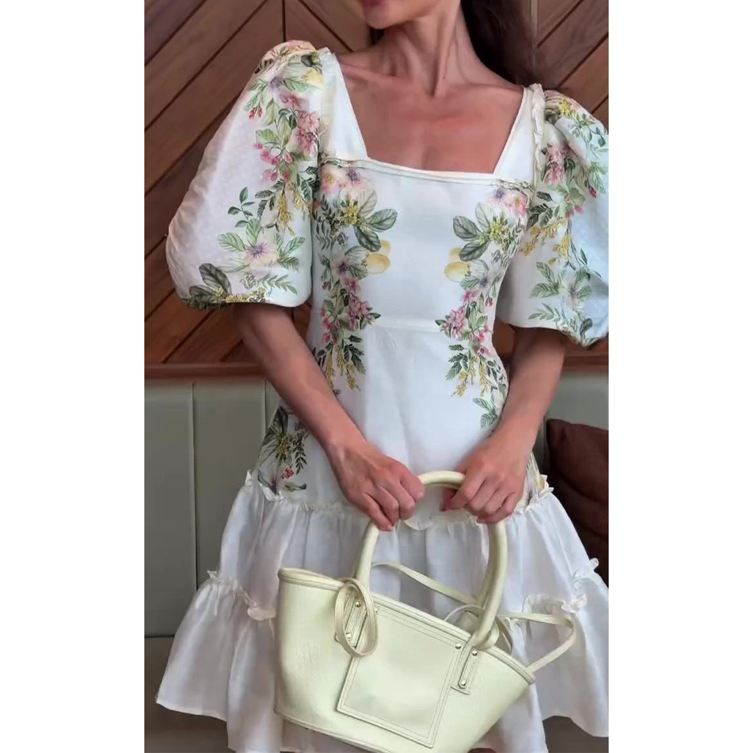 Damen Blumenkleid mit voluminösen Puffärmeln und fließendem Rock Drune