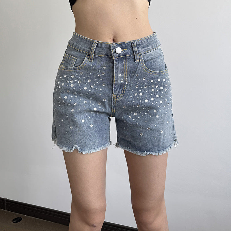 Damen Jeansshorts mit glitzernden Applikationen und fransigem Saum Drune