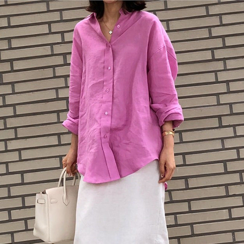 Damen Casual-Leinenbluse mit strukturierter WDruneung, überschnittener Schulter und krempelbaren Ärmeln Drune