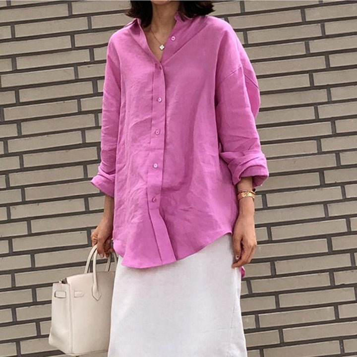Damen Casual-Leinenbluse mit strukturierter WDruneung, überschnittener Schulter und krempelbaren Ärmeln Drune